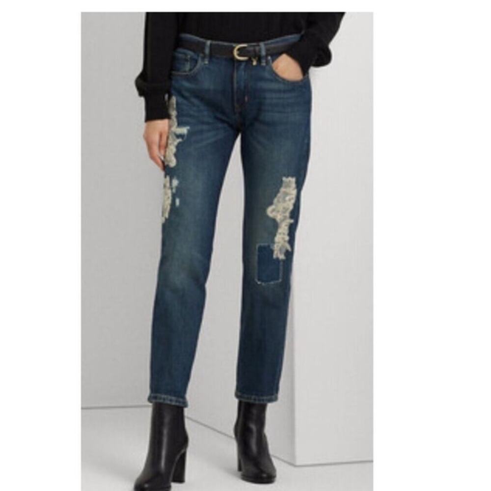 NEW Lauren Ralph Lauren Lace Patchwork Relaxed Stretched Taper Jeans size 6